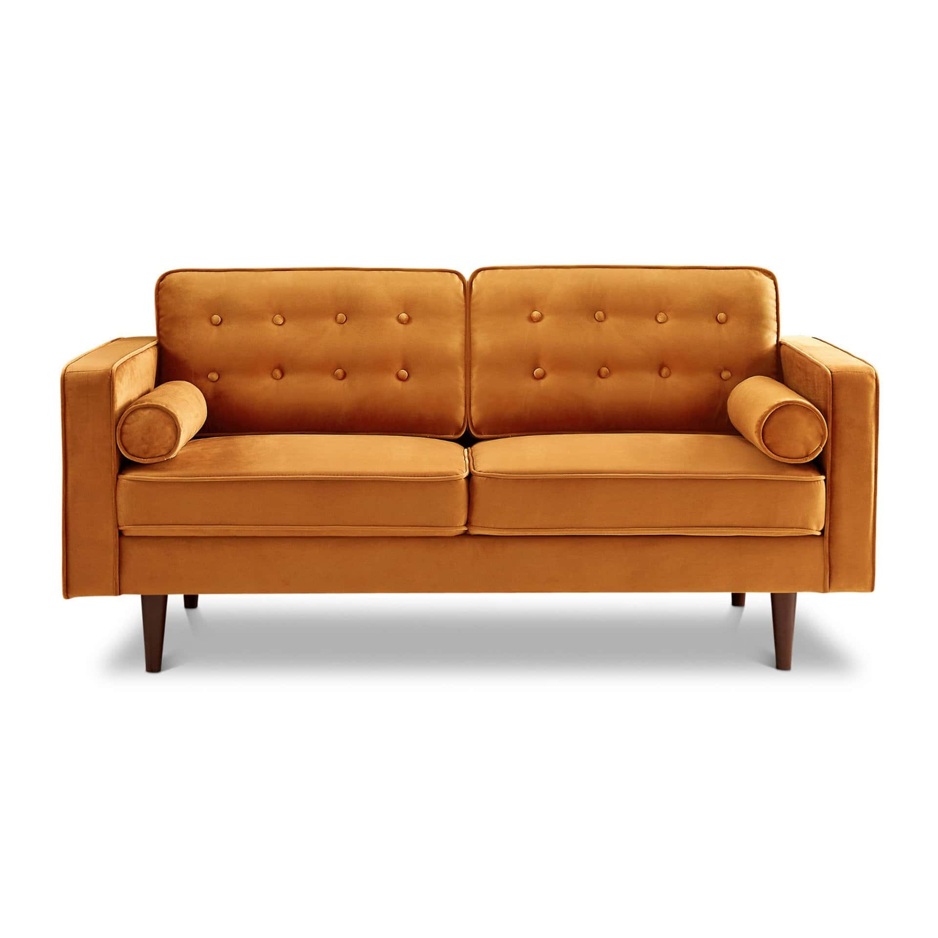 Orange Velvet Loveseat with Walnut Legs and Mid-Century Design