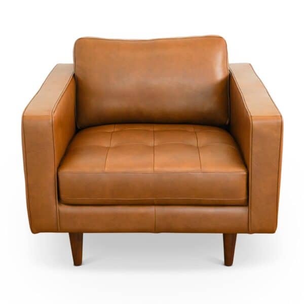 Mid-Century Modern Tan Leather Armchair with Walnut-Finished Legs