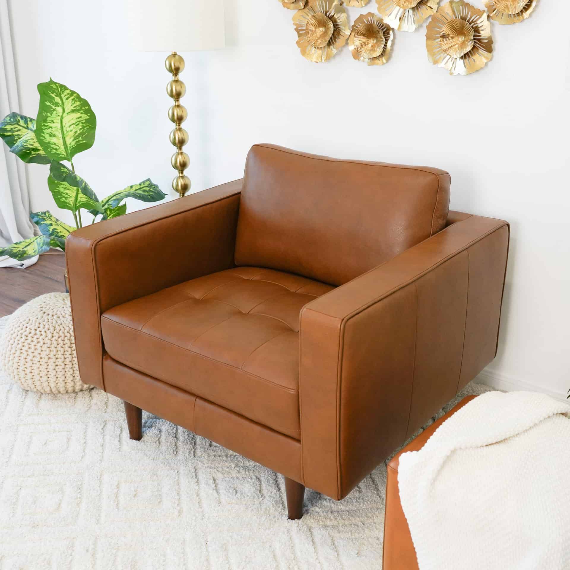 Mid-Century Modern Tan Leather Armchair with Walnut-Finished Legs