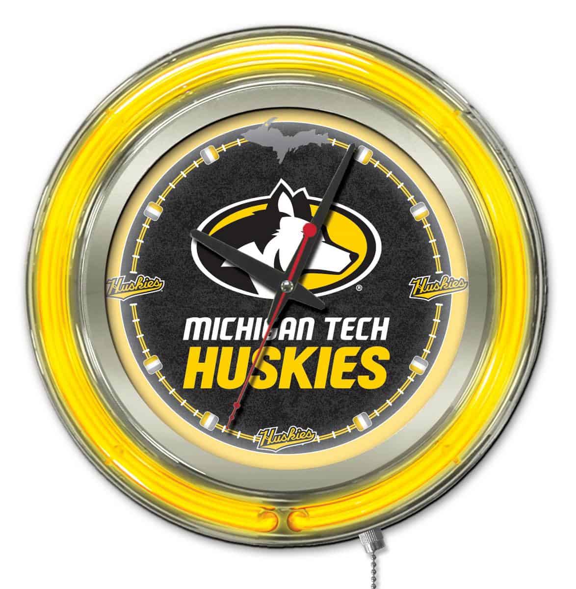 Michigan Tech University 15-Inch Neon Logo Clock in Chrome