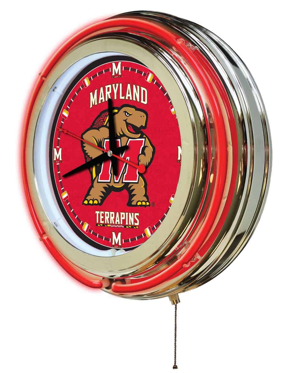 University of Maryland 15-Inch Neon Logo Clock in Chrome