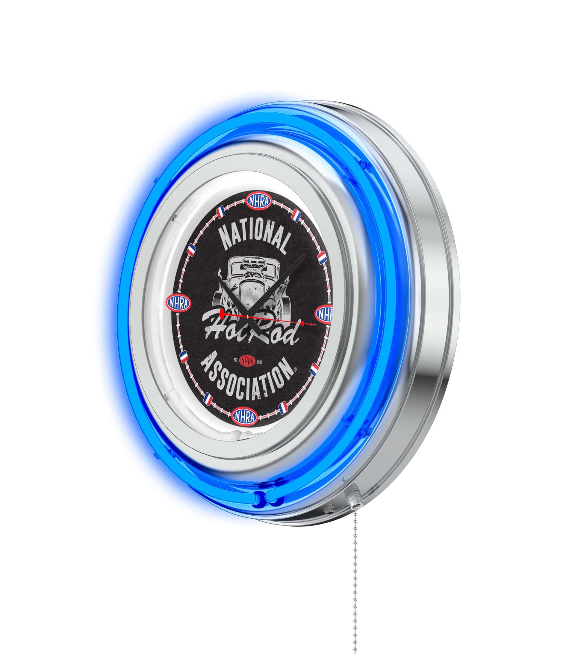 NHRA - Hot Rod (Blue Neon) 15-Inch Neon Logo Clock in Chrome