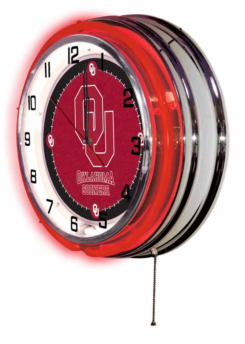 Oklahoma University 19-Inch Neon Logo Clock in Chrome