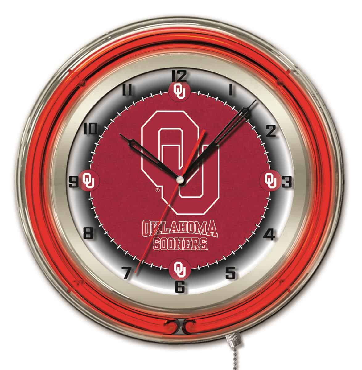 Oklahoma University 19-Inch Neon Logo Clock in Chrome
