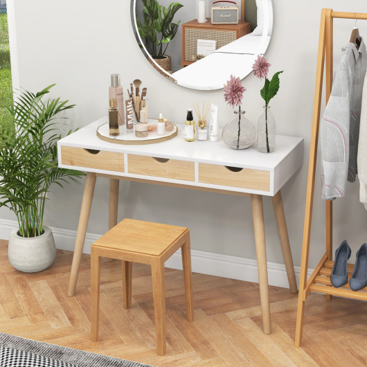 Compact Computer Desk with Drawers and Rubberwood Legs for Home Office