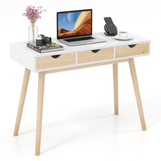 Compact Computer Desk with Drawers and Rubberwood Legs for Home Office