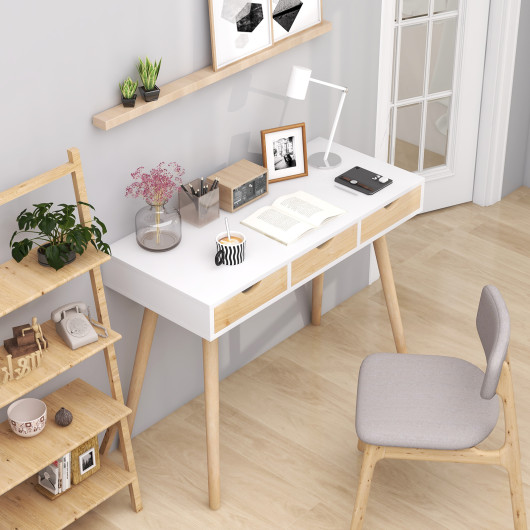 Compact Computer Desk with Drawers and Rubberwood Legs for Home Office
