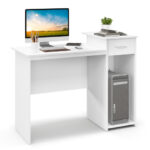 Modern White Computer Desk with Drawer and Adjustable Shelf