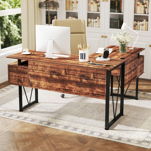 Rustic L-Shaped Desk with Storage, Power Outlets, and Drawers - Image 2