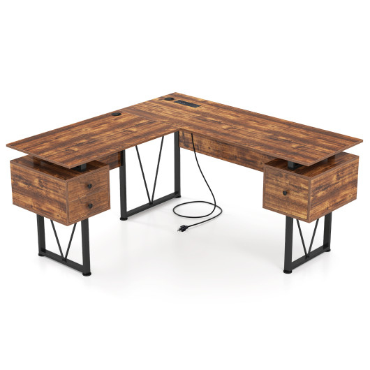 Rustic L-Shaped Desk with Storage, Power Outlets, and Drawers - Image 3