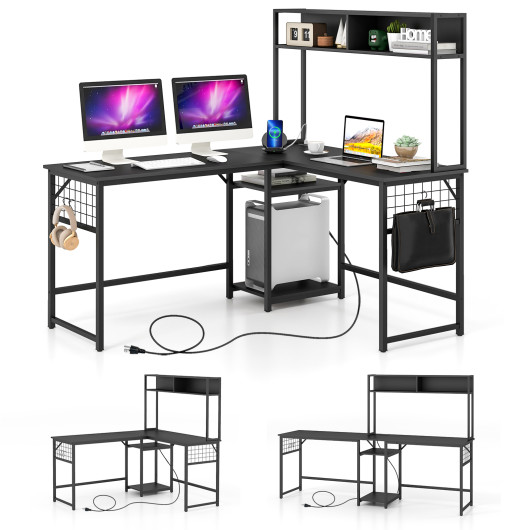 Convertible L-Shaped Desk with Hutch and Built-In Power Outlet - Image 11