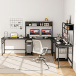 Convertible L-Shaped Desk with Hutch and Built-In Power Outlet