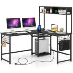Convertible L-Shaped Desk with Hutch and Built-In Power Outlet