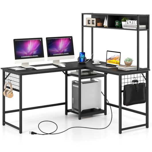 Convertible L-Shaped Desk with Hutch and Built-In Power Outlet - Image 10
