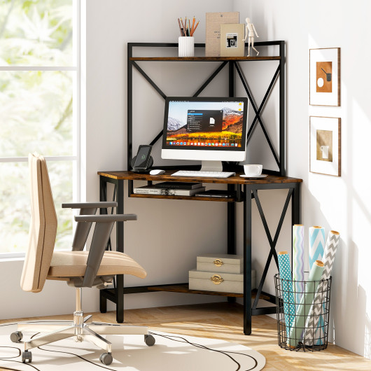 Space-Saving Corner Desk with Hutch, Keyboard Tray, and Charging Station