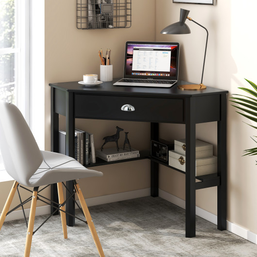Corner Black Wooden Laptop Desk with Drawer and Shelves