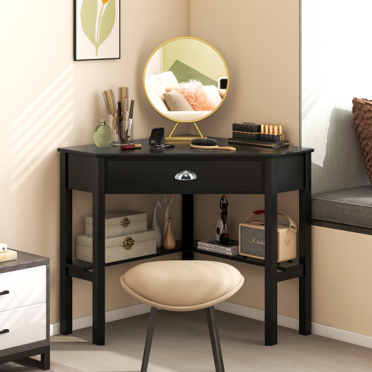 Corner Black Wooden Laptop Desk with Drawer and Shelves