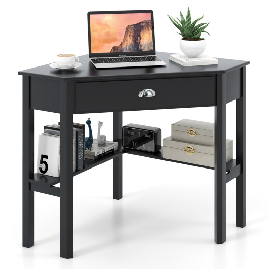 Corner Black Wooden Laptop Desk with Drawer and Shelves
