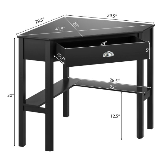 Corner Black Wooden Laptop Desk with Drawer and Shelves
