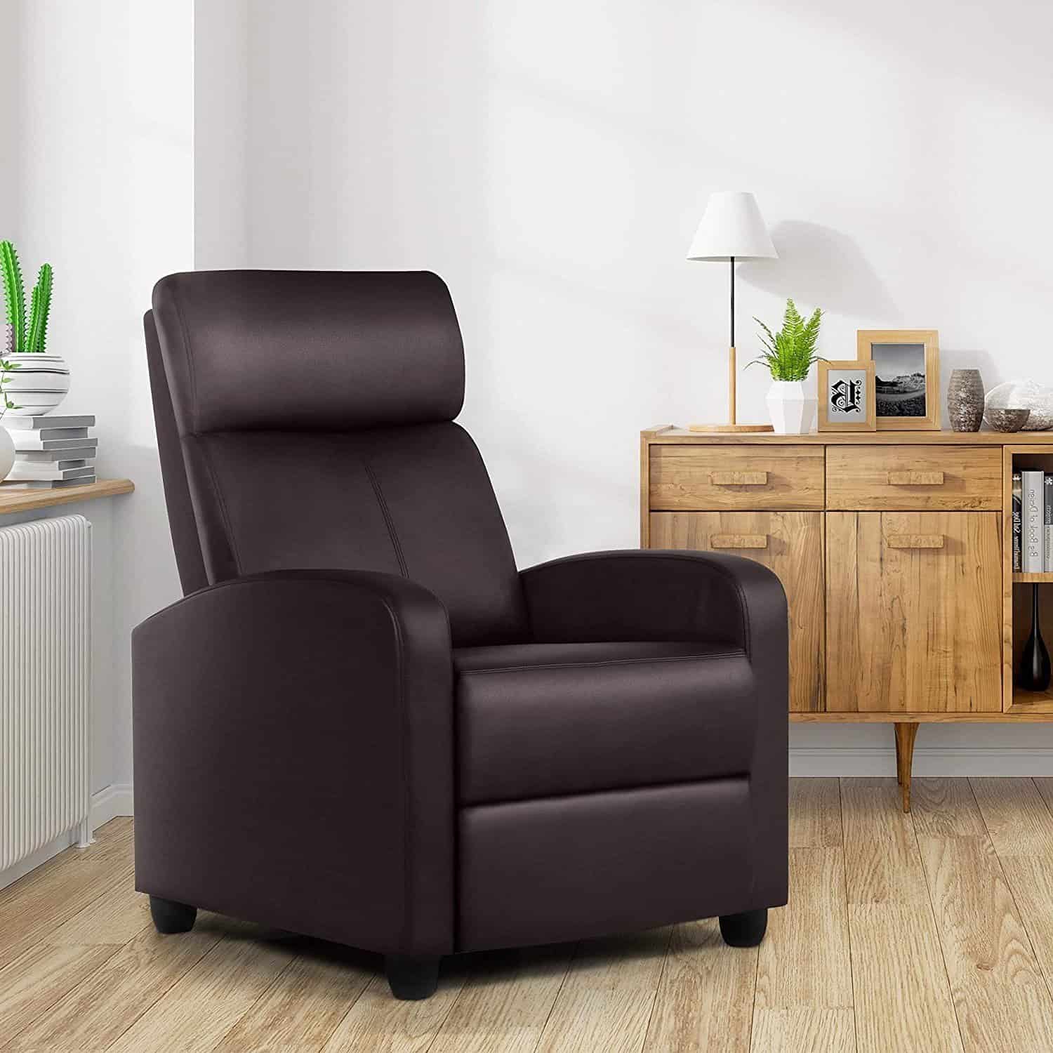 Dark Brown Faux Leather Push Back Recliner Chair Adjustable Settings