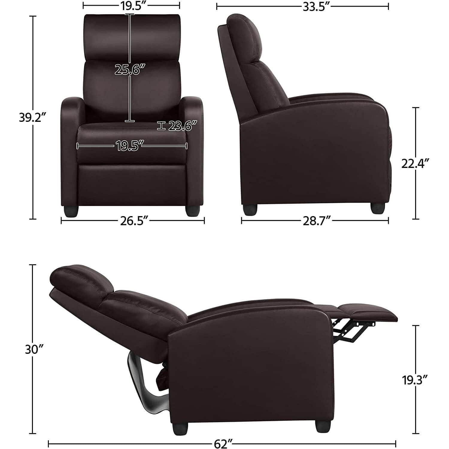 Dark Brown Faux Leather Push Back Recliner Chair Adjustable Settings