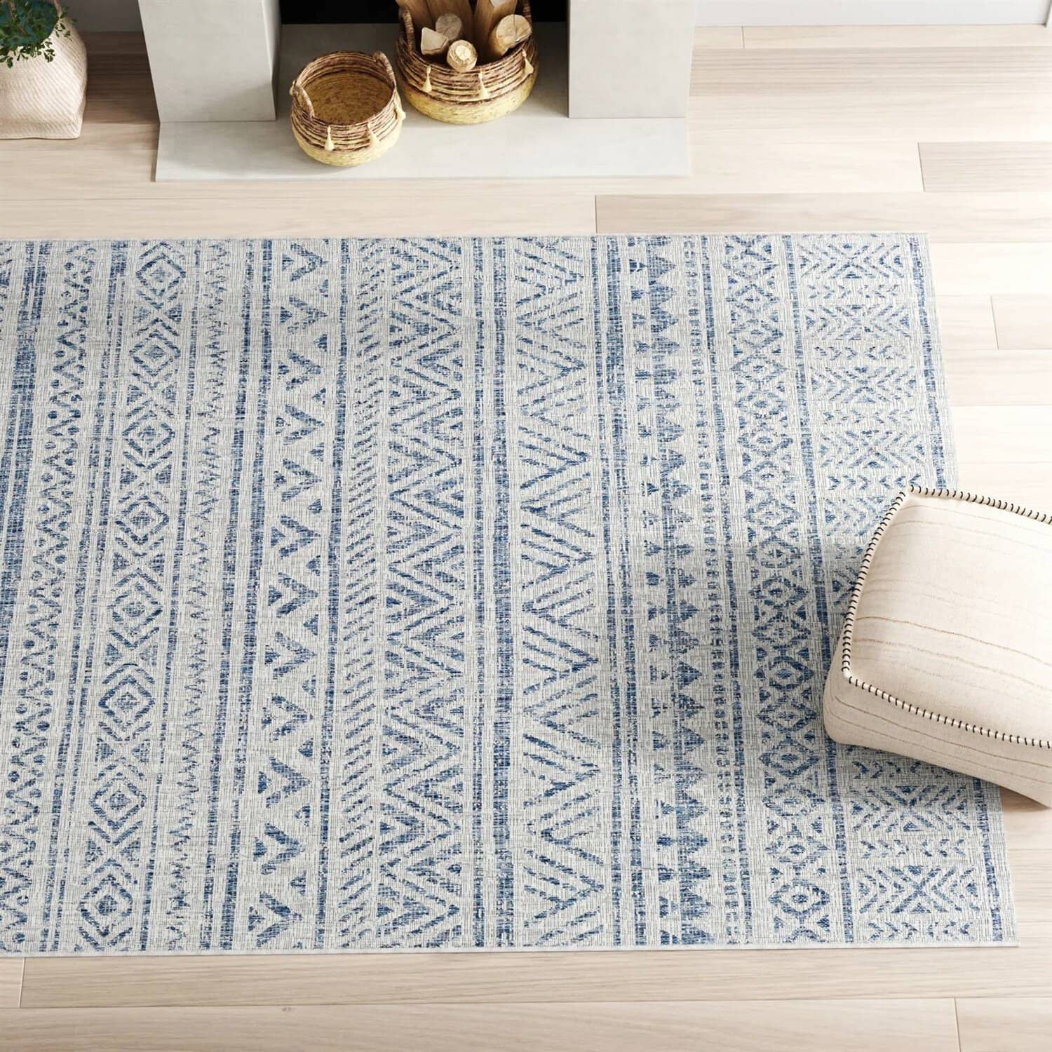 Blue Gray Chevron Boho Indoor Outdoor Rug 5 ft x 7.5 ft