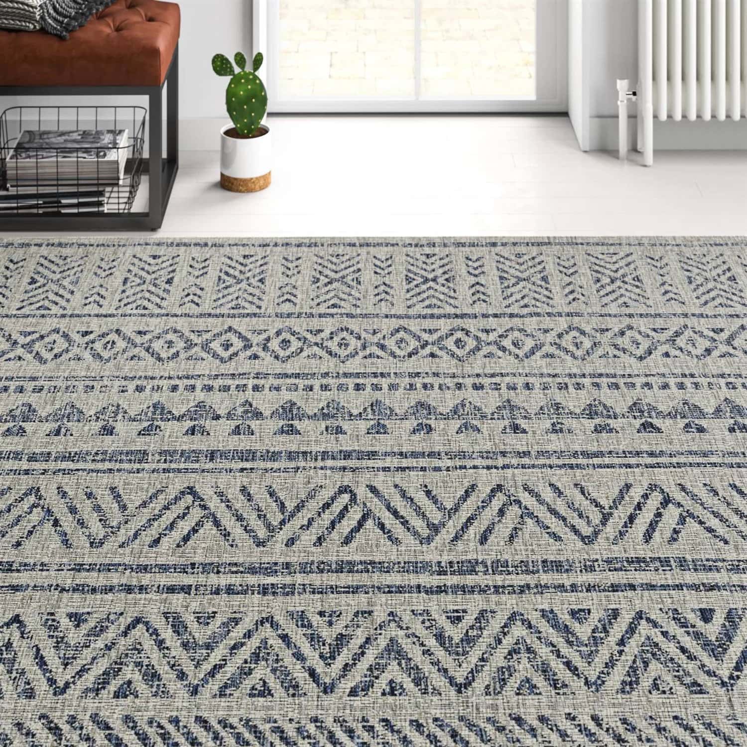 Blue Gray Chevron Boho Indoor Outdoor Rug 5 ft x 7.5 ft - Image 2