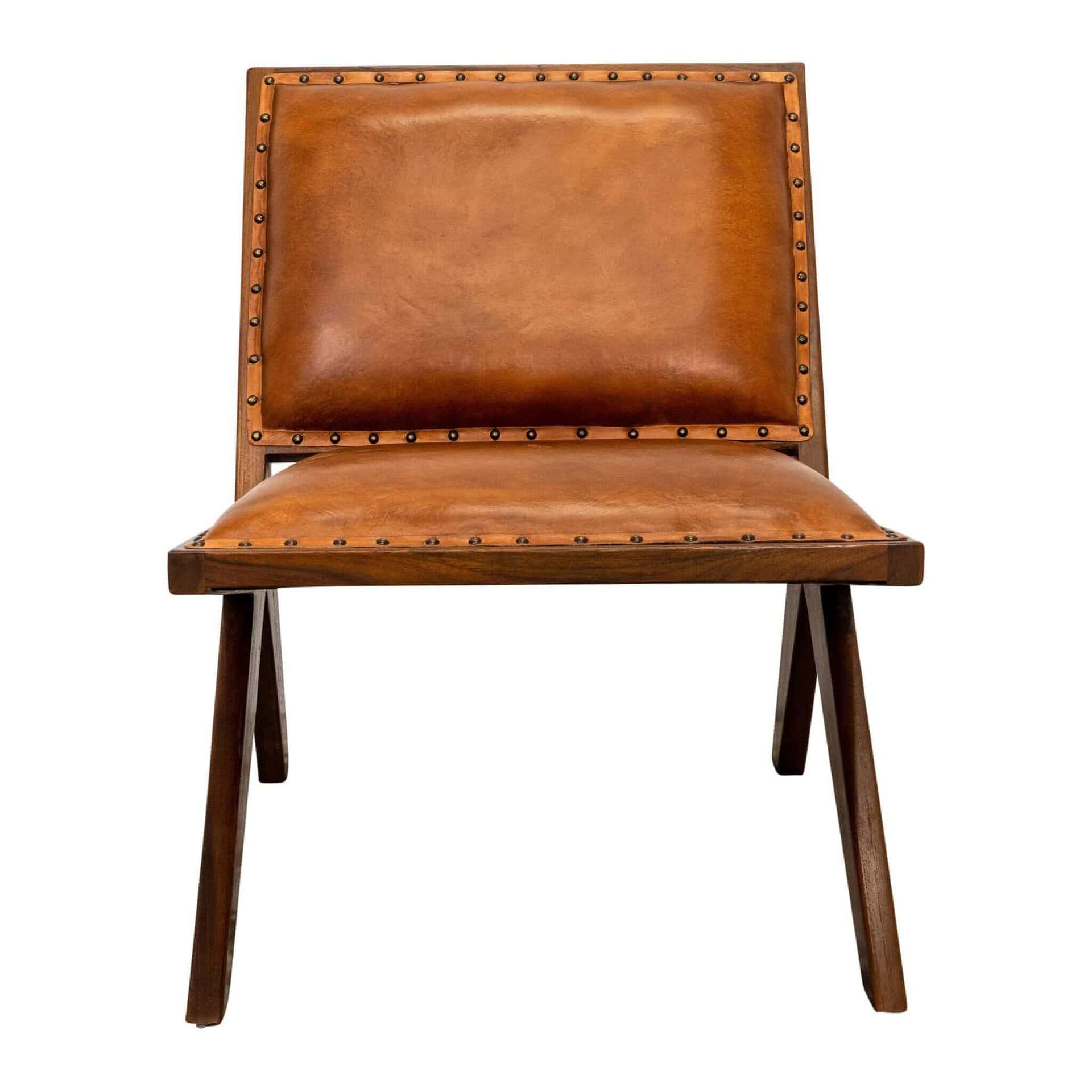Tan Leather Mid-Century Modern Lounge Chair With Walnut Legs and Nailhead Trim