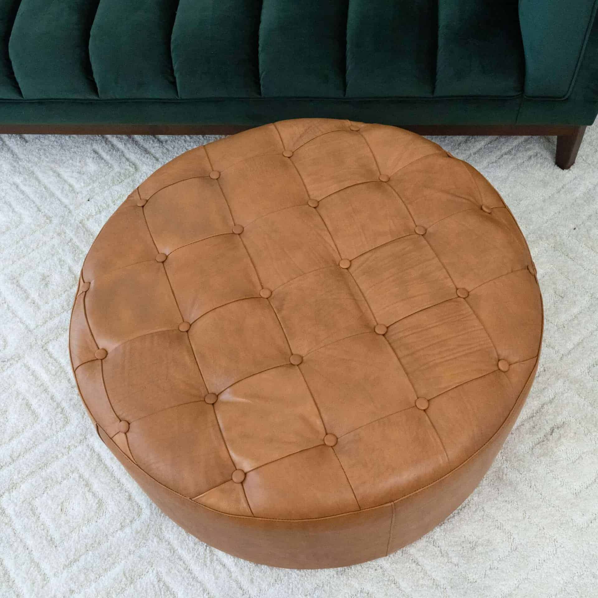 Tan Leather Tufted Cocktail Ottoman With Foam Padding