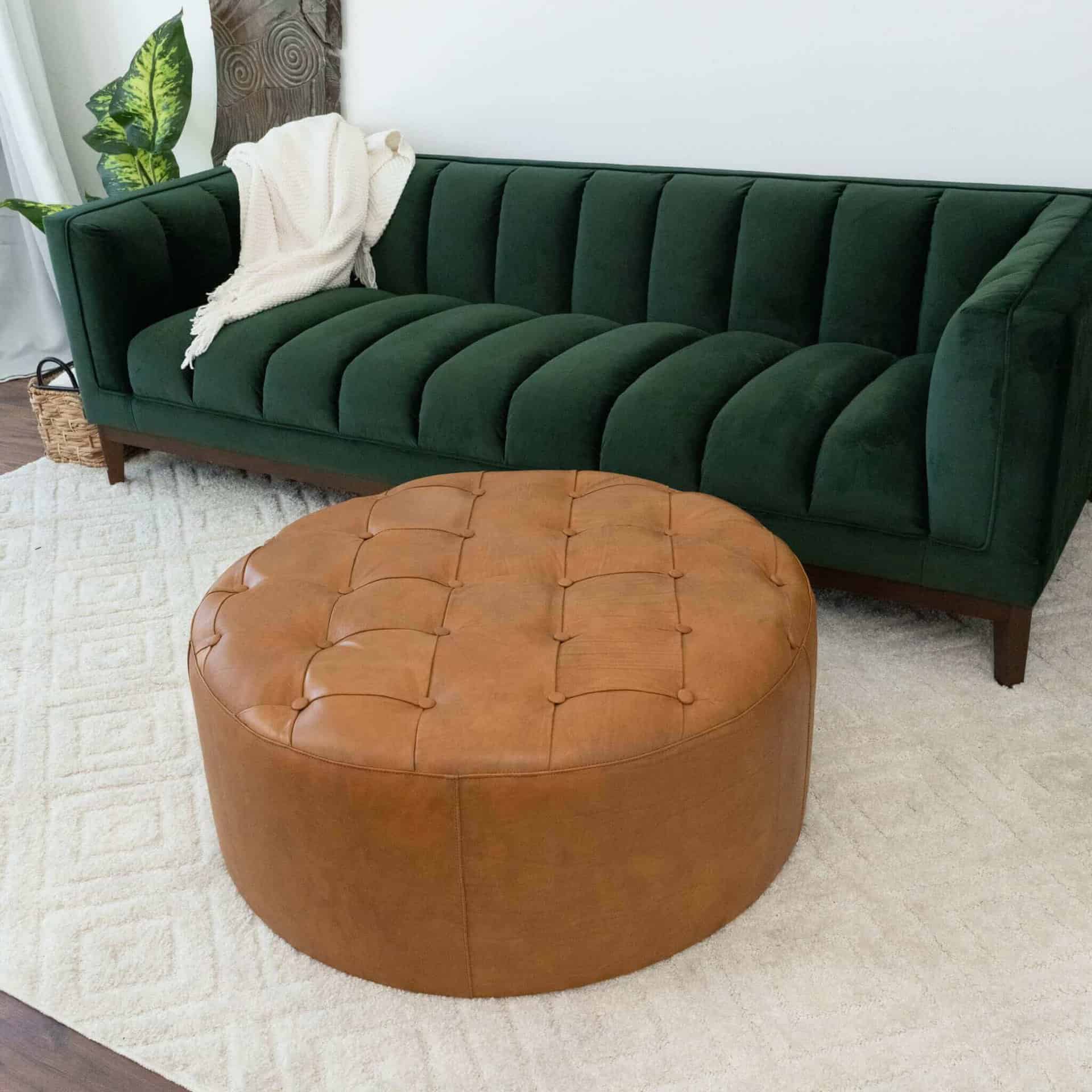 Tan Leather Tufted Cocktail Ottoman With Foam Padding