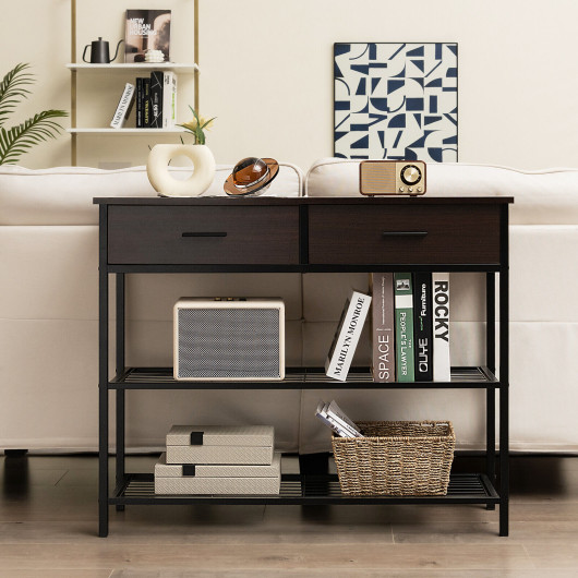 Industrial Entryway Table with Drawers and Metal Shelves 39.5 Inch