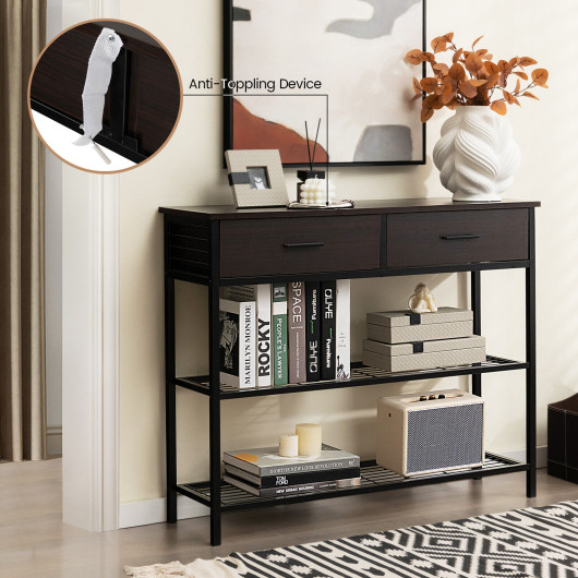 Industrial Entryway Table with Drawers and Metal Shelves 39.5 Inch
