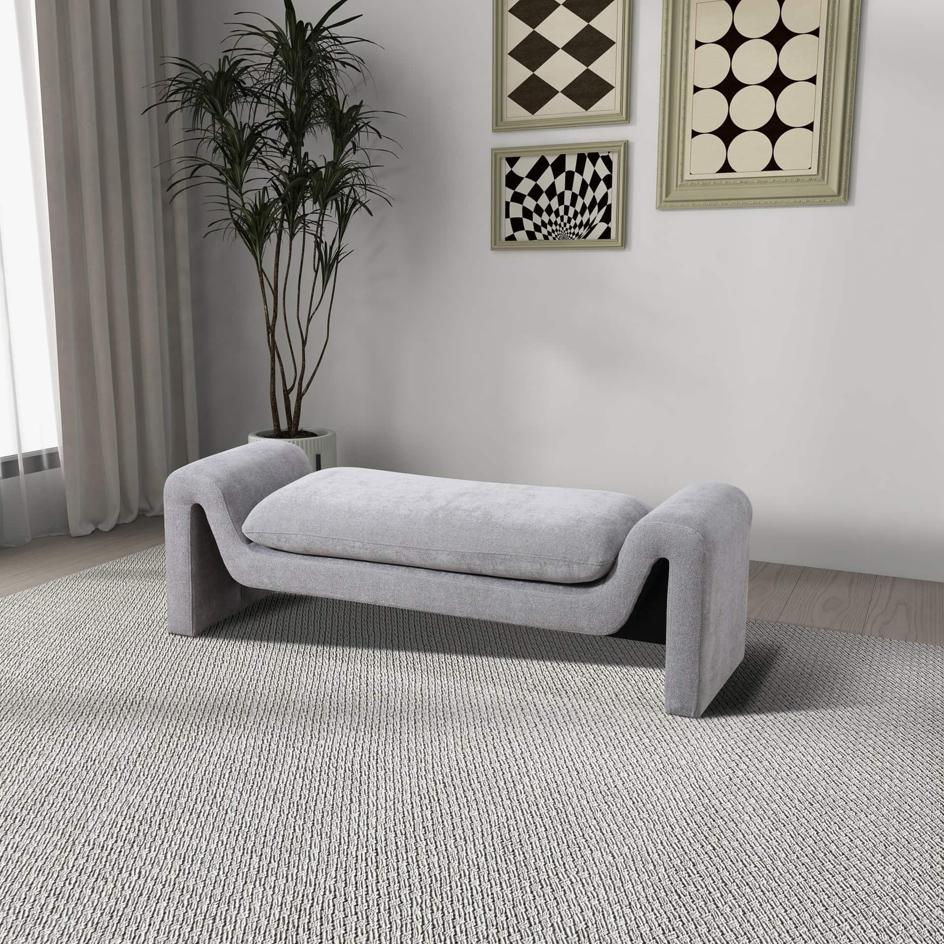 Mid-Century Modern Gray Boucle Upholstered Bench
