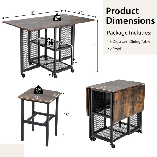 Expandable Drop Leaf Dining Table Set with Storage and Wheels (3-Piece) - Image 4