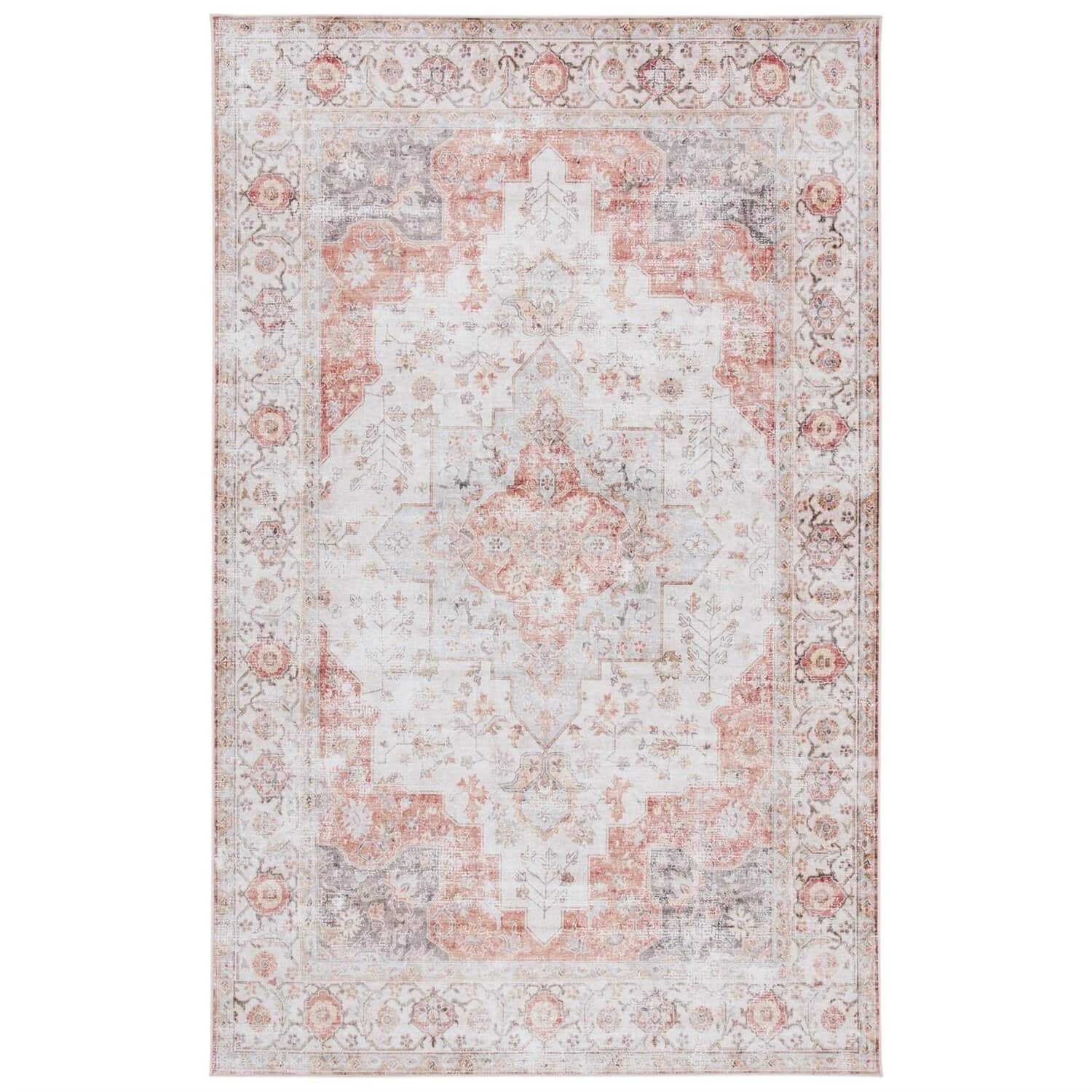 Washable Persian Style Boho Area Rug Light Gray Rust 5x8