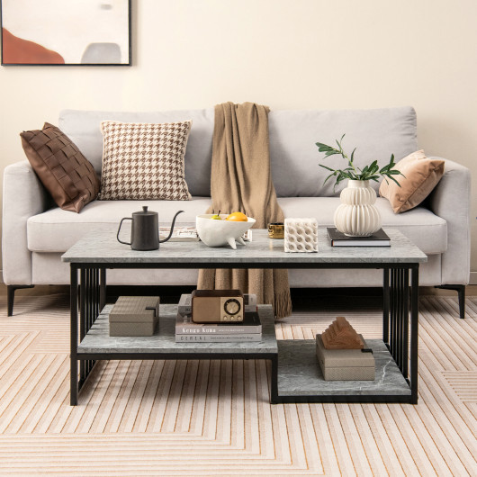 Gray Faux Marble Coffee Table with Open Shelves and Metal Frame