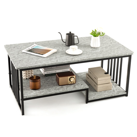 Gray Faux Marble Coffee Table with Open Shelves and Metal Frame