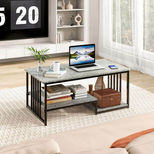 Gray Faux Marble Coffee Table with Open Shelves and Metal Frame