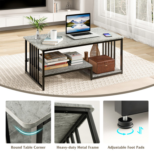 Gray Faux Marble Coffee Table with Open Shelves and Metal Frame