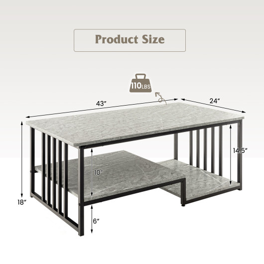 Gray Faux Marble Coffee Table with Open Shelves and Metal Frame