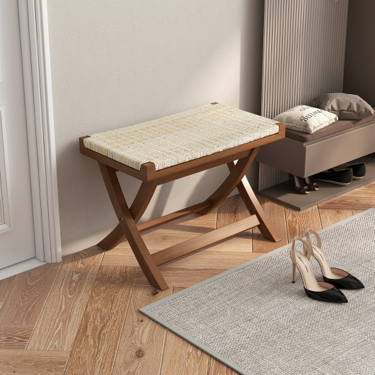 Folding Rattan Ottoman with Teak Wood Frame and Saddle Seat