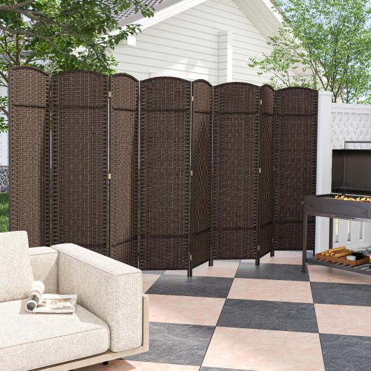 Hand-Woven 8-Panel Folding Room Divider with Solid Wood Frame