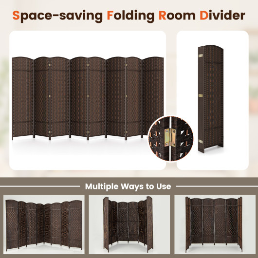 Hand-Woven 8-Panel Folding Room Divider with Solid Wood Frame