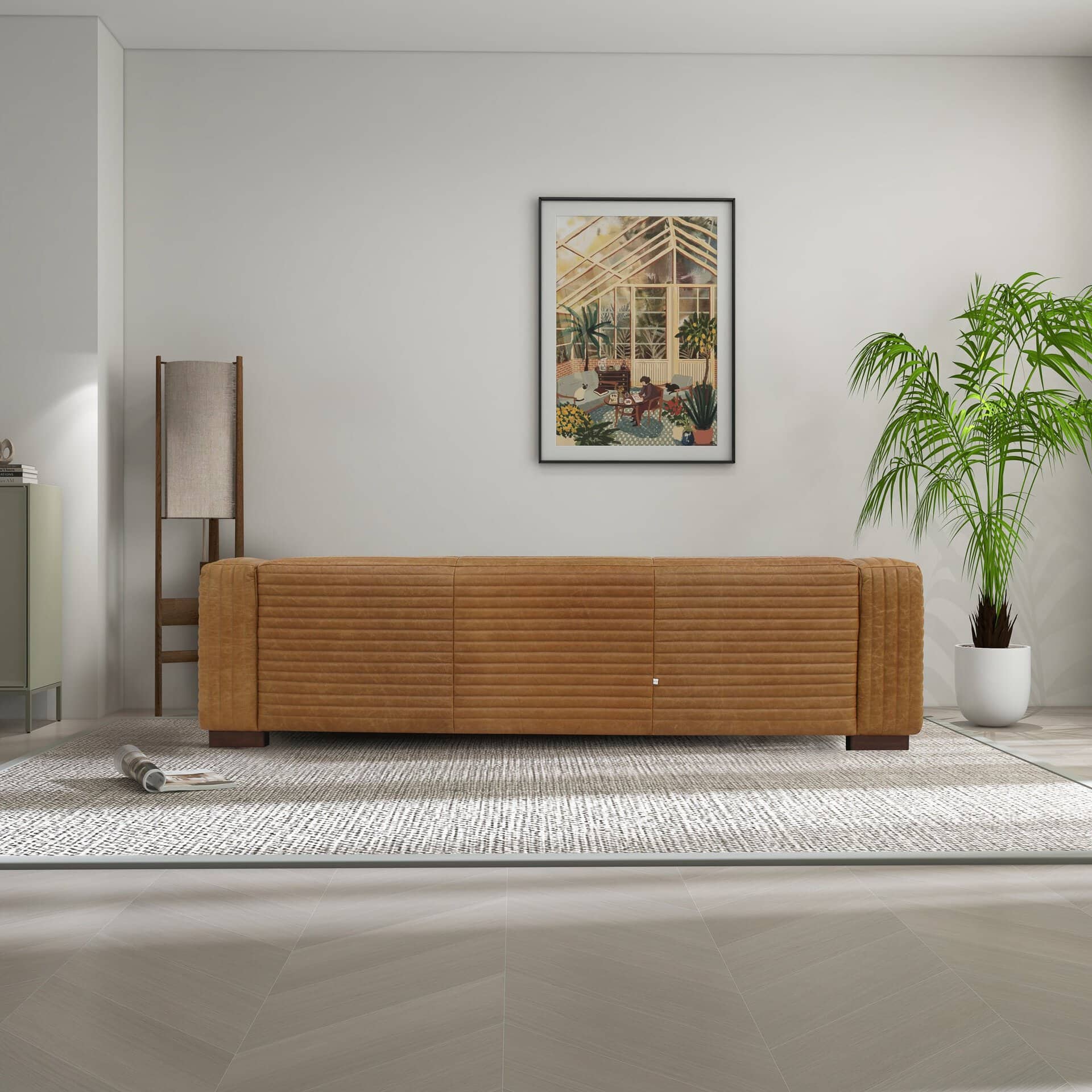 Tan Leather Sofa with Channel Tufting and Walnut Wood Legs