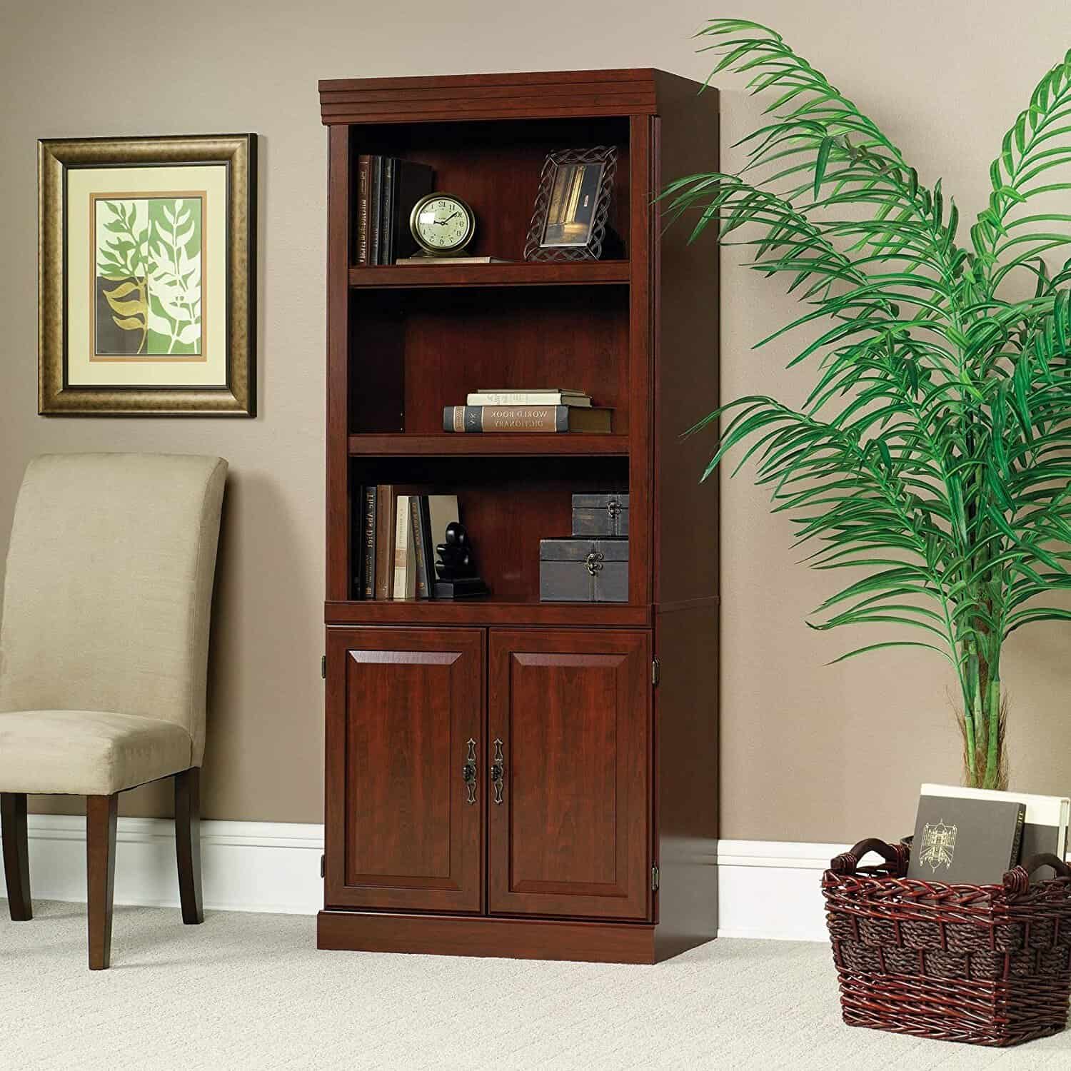 Tall Cherry Wood Bookcase with Storage Drawer and Adjustable Shelves - Image 2