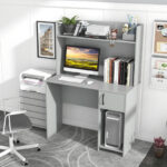 Modern Gray Desk with Raised Shelf and Adjustable Storage Shelves