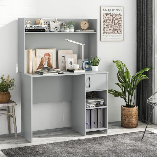 Modern Gray Desk with Raised Shelf and Adjustable Storage Shelves - Image 2
