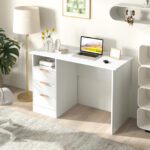 White Office Desk with Power Outlets and 3 Storage Drawers