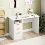 White Office Desk with Power Outlets and 3 Storage Drawers