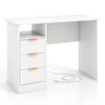 White Office Desk with Power Outlets and 3 Storage Drawers